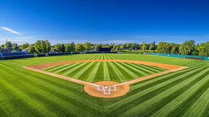 Expansive panoramic shot of a meticulously maintained baseball diamond featuring lush green grass and crisp white markings against a clear blue sky.
