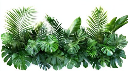 Isolated tropical foliage featuring lush leaves and vibrant plants for a nature-themed backdrop on a white background.
