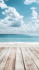 Wooden Deck Overlooking a Beach with Blue Sky and White Clouds