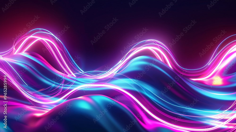 Wall mural colorful neon light effect wave dark background.