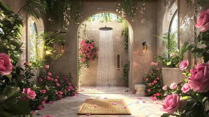 Fototapeta premium Transform Your Space with a Stunning Poster: A Luxurious Bathing Area Featuring a Stylish Shower Surrounded by Blooming Pink Roses and Lush Foliage for a Tranquil Ambiance