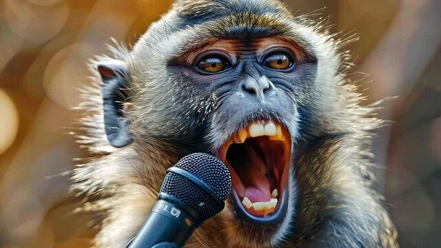 Close-up of Monkey Singing into Microphone in Nature Setting