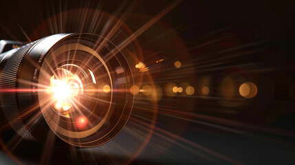 Close-Up of a Professional Camera Lens with Glowing Lights   