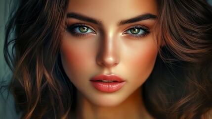 Fototapeta premium Close-up shot of a radiant young brunette woman showcasing her flawless complexion and beautiful dark brown hair.