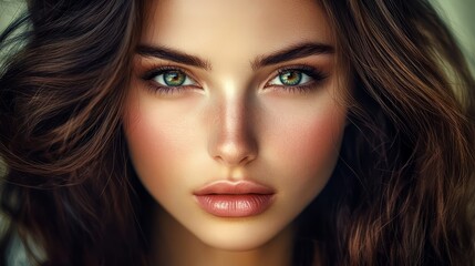 Fototapeta premium Detailed close-up highlighting a gorgeous brunette's face and her remarkable skin quality.