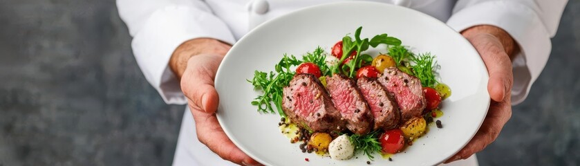 Chef presenting a gourmet dish with artistic plating at a fine dining restaurant, showcasing culinary excellence and fresh ingredients