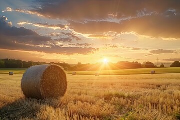 Rural landscape image of Summer sunset over field of hay bales