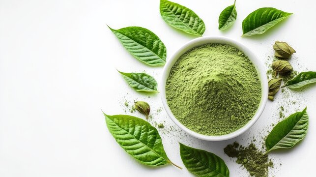 Lively green matcha powder paired with kratom leaves arranged thoughtfully against a spotless white surface, inspiring a sense of vibrant energy and natural vitality.