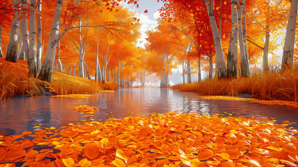 Tranquil Autumn River Surrounded by Vibrant Orange Foliage
