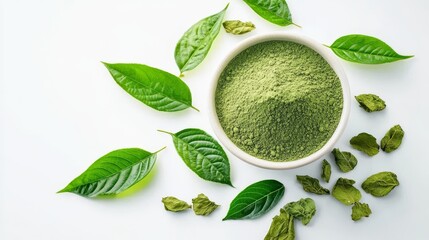 Bright green matcha powder and kratom leaves artfully displayed on a clean white backdrop, conveying a feeling of rejuvenating energy and holistic health.