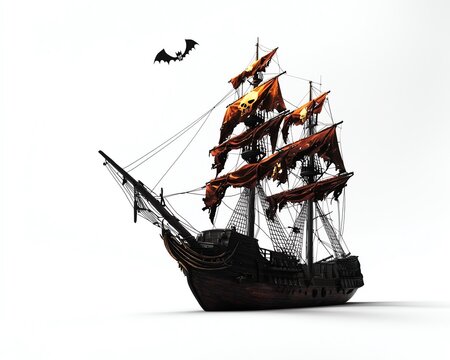 recommend clip art: Image of pirate ship with bat flying overhead, isolated on clean background, Halloween concept