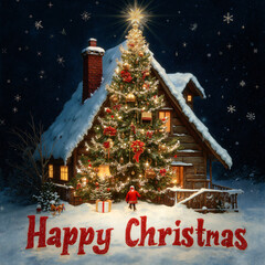 Grafika na kartkę bożonarodzeniową. Posiada Mikołaja, choinkę, miasto w śniegu lub napis - Happy Christmas albo Merry Christmas © Roman Trojanowski