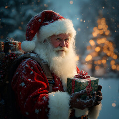 Grafika na kartkę bożonarodzeniową. Posiada Mikołaja, choinkę, miasto w śniegu lub napis - Happy Christmas albo Merry Christmas © Roman Trojanowski