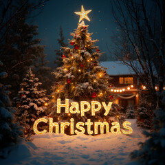 Grafika na kartkę bożonarodzeniową. Posiada Mikołaja, choinkę, miasto w śniegu lub napis - Happy Christmas albo Merry Christmas © Roman Trojanowski