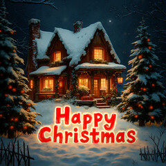 Grafika na kartkę bożonarodzeniową. Posiada Mikołaja, choinkę, miasto w śniegu lub napis - Happy Christmas albo Merry Christmas © Roman Trojanowski