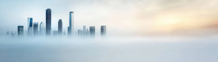 Fototapeta premium City skyline emerging from mist at dawn, showcasing unique architecture and tranquil atmosphere for serene urban themes.