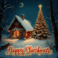 Grafika na kartkę bożonarodzeniową. Posiada Mikołaja, choinkę, miasto w śniegu lub napis - Happy Christmas albo Merry Christmas © Roman Trojanowski
