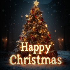 Grafika na kartkę bożonarodzeniową. Posiada Mikołaja, choinkę, miasto w śniegu lub napis - Happy Christmas albo Merry Christmas © Roman Trojanowski