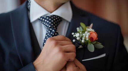Close-up of the groom adjusting his tie before the ceremony