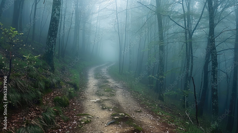Poster The trails in the forest fog. Mist forest trails in fog realistic daylight. Generative AI.