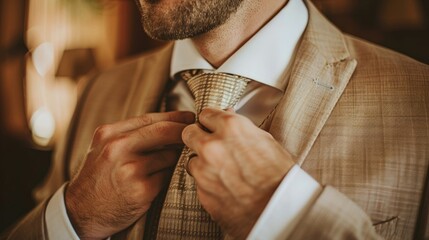 Close-up of the groom adjusting his tie before the ceremony