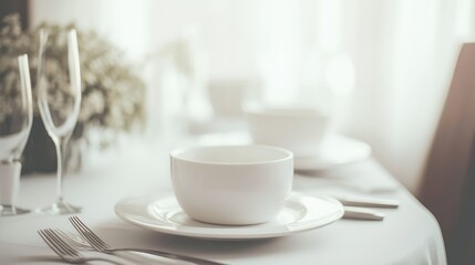 A sleek, minimalist dining table set with plain white dishes, understated silverware, and a small, tasteful centerpiece, embodying simplicity.