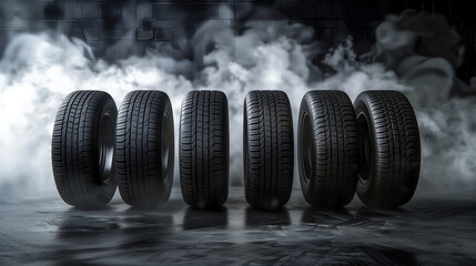 Four tires are shown in a foggy, misty atmosphere. The tires are positioned in a row, with the middle tire being the tallest. The foggy and misty atmosphere gives the image a mysterious