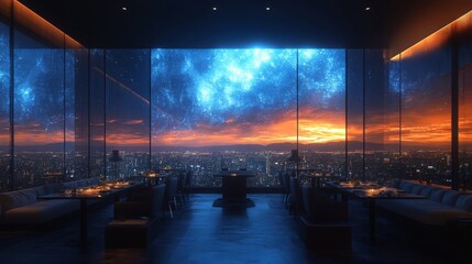 Futuristic dining room with holographic menu and panoramic city views at sunset