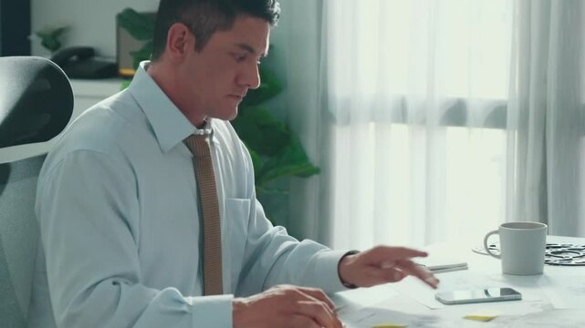 Professional engineer looking at phone while working on tablet with green screen at meeting table with turbine engine or jet engine sketch design and various metal gear scatter around. Alimentation.