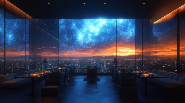 Futuristic dining room with holographic menu and panoramic city views at sunset