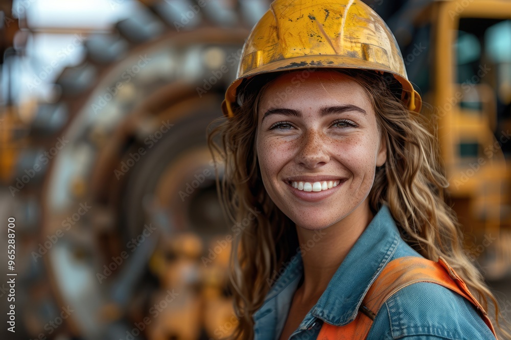 Wall mural portrait of a woman smiling with uniform and helmet in front of heavy duty machinery. generative ai.