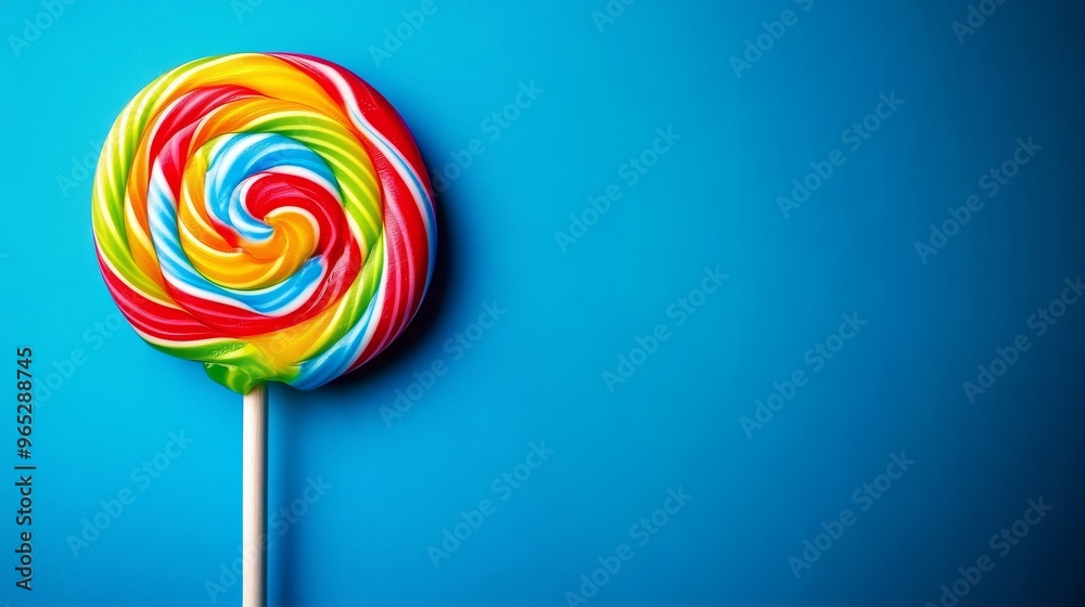 Wall mural lively spiral lollipop showcased on a bright blue surface conveys a sense of fun and sweetness, perf