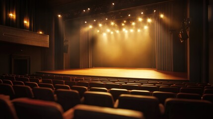 A theater stage softly illuminated with warm, cozy lighting, casting a gentle glow that enhances the atmosphere of a welcoming performance space.