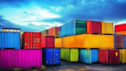 Obraz premium The random placement of vibrant shipping containers infuses life and color into the monotonous industrial environment.