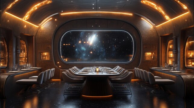 Futuristic dining room featuring a holographic menu and a view of outer space at night