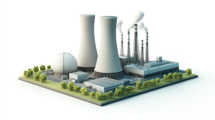 A 3D Model of an Industrial Power Plant with Cooling Towers and Smoke Stacks