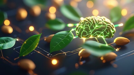 A vibrant fusion of nature and technology, showcasing a brain formed from leaves and nuts, symbolizing connection and growth.