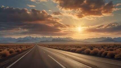 Fototapeta premium landscape background of a long straight road that stretches into the horizon with blue sky, clouds, sun ray and mountains