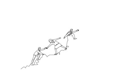 Self drawing animation of single line draw male and female team member stick together follow their leader who holds flag to reach top of the hill. Teamwork. Continuous line draw. Full length animated