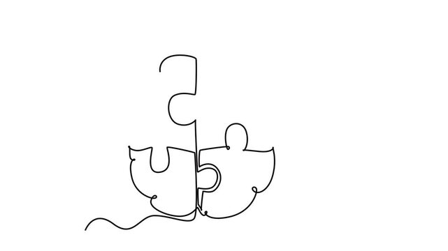 Self drawing animation of single line draw of human brain forming from piece of puzzles logo identity. Head anatomy and smart psychological people concept. Continuous line draw. Full length animated