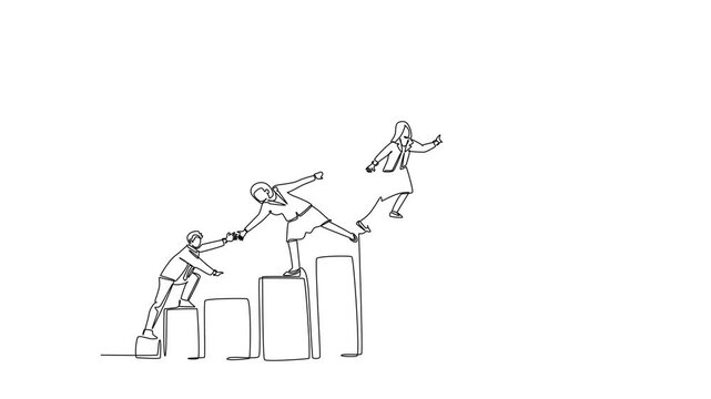 Self drawing animation of single line draw of business team holding hands together following leader who hold flag climbing up stairs step by step. Teamwork. Continuous line draw. Full length animated