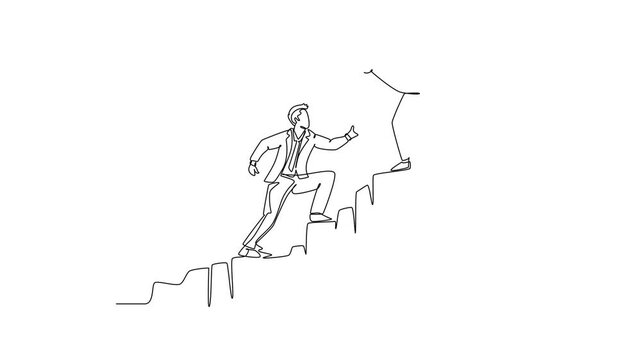 Self drawing animation of single line draw young energetic businessman holding hands his partner to help climbing hill. Teamwork support and collaboration. Continuous line draw. Full length animated