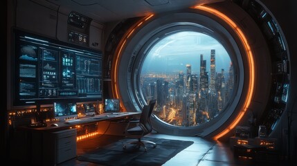 Futuristic home office featuring holographic screens with a view of a city skyline at twilight