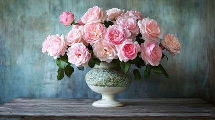 Beautiful pink roses in a vintage vase on a wooden table, offering a charming and romantic display.