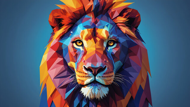 Minimalist stylized lion, geometric shapes, striking simplicity, primary colors, vivid blue background