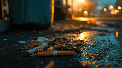 Discarded cigarette butts near a garbage can, captured in a close-up, emphasizing pollution and waste.