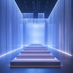 Fototapeta premium A futuristic corridor illuminated with cool blue lighting, featuring sleek, minimalistic steps leading to a glowing background.