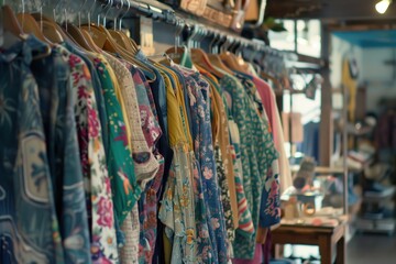 Slow fashion Clothes on hangers in a shop showcase Recycled organic apparel