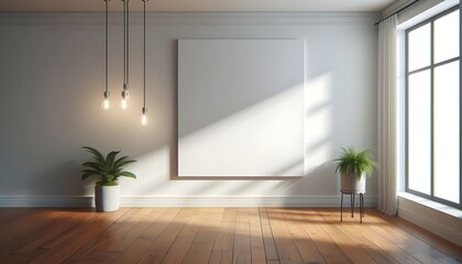 Blank white canvas in gallery room with wooden floor. 3D Rendering