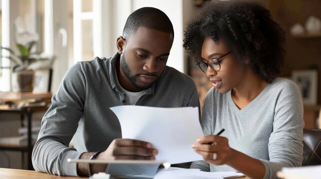 Couple reviewing mortgage documents in their new home office